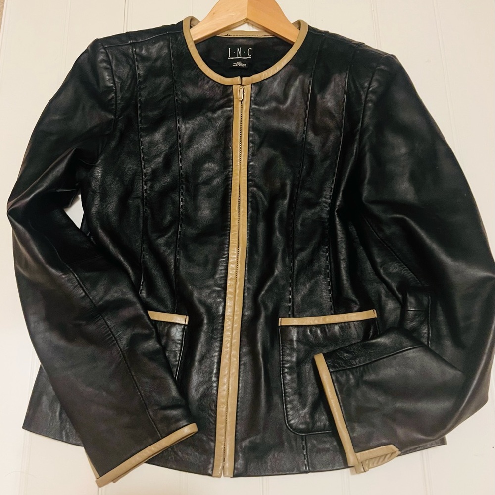 INC International Concepts Black Leather Jacket with Tan Trim